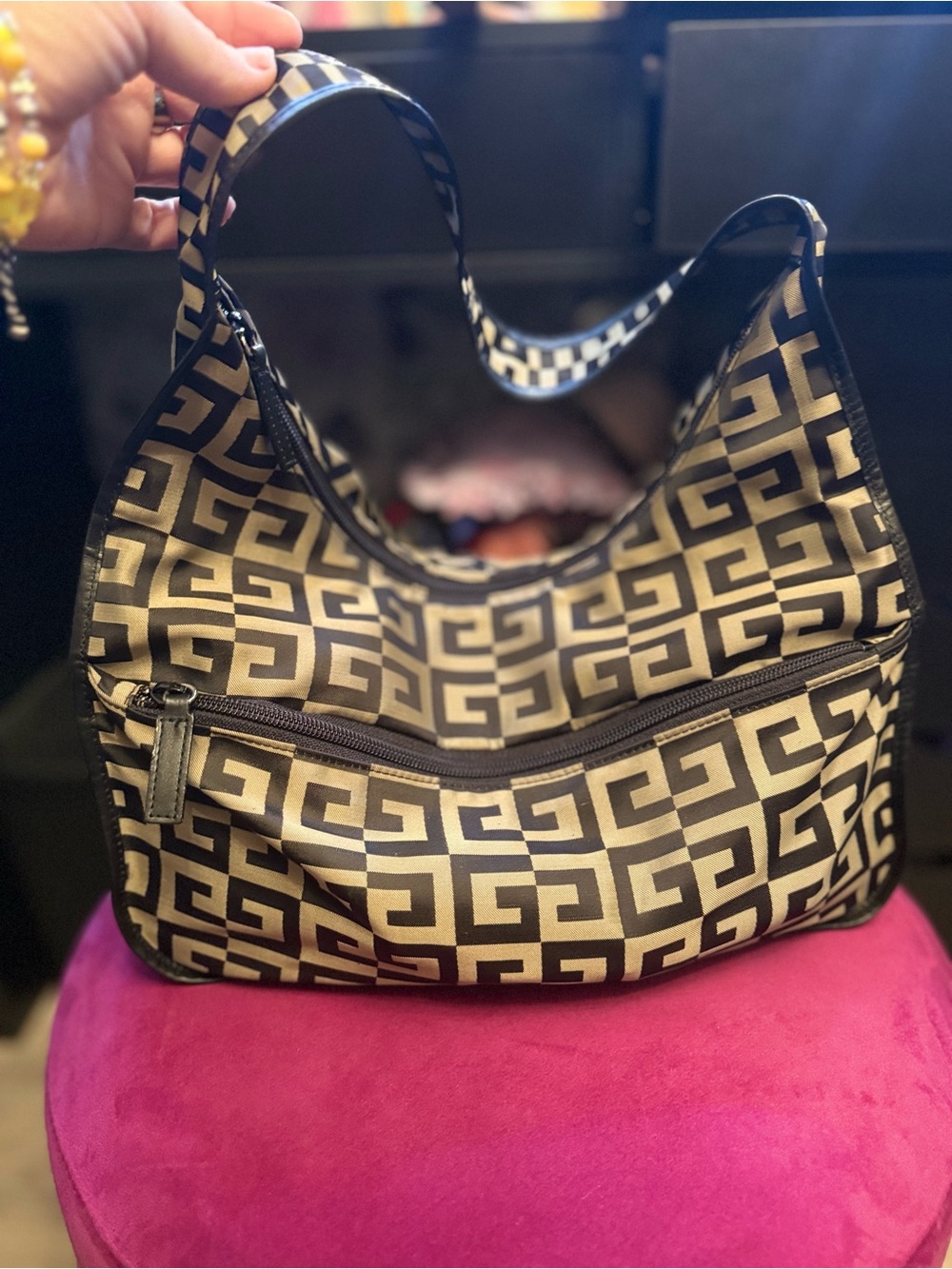Givenchy Brown and Cream Greek Key Shoulder Bag